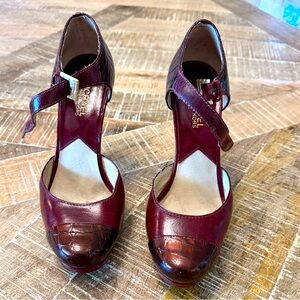 Michael Kors Burgundy Croc-Accent T-Strap Heels
